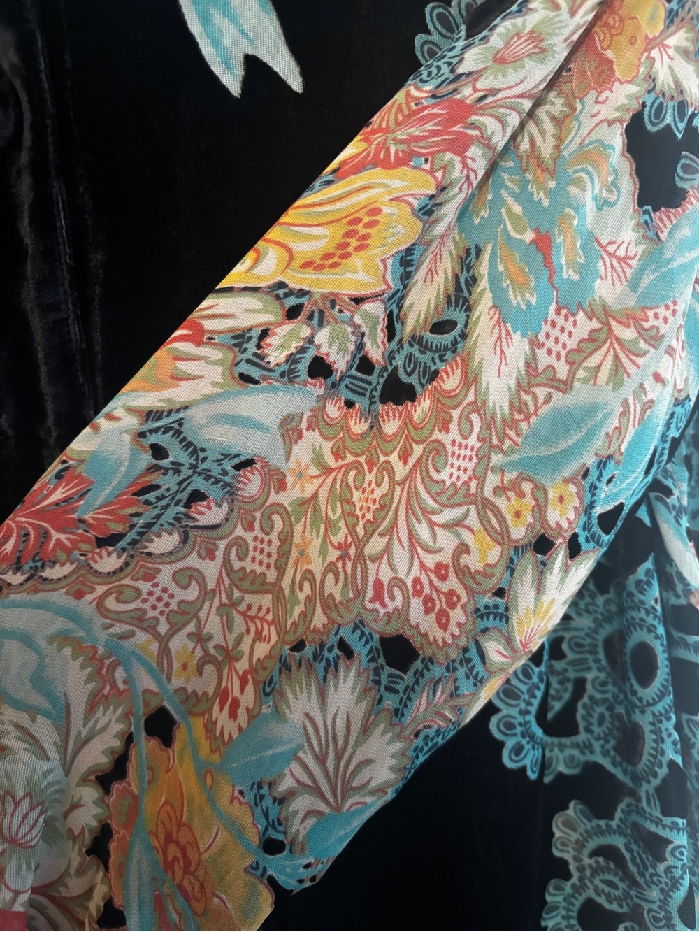 Citron Black Teal Burnout Velvet Silk Button Down Tunic Blouse Artsy Boho Size M - Picture 8 of 14